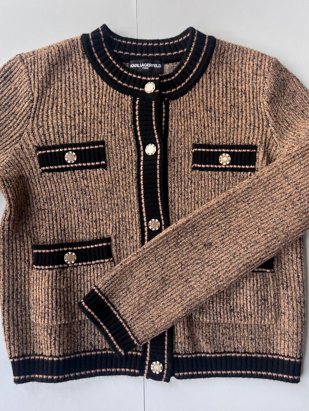 Karl Lagerfeld Paris (NWOT) Camel Chanel-Style Button Cardigan